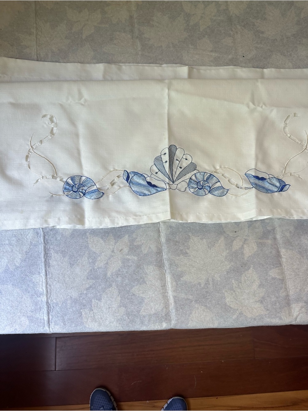 White with Blue Shell Embroidery Curtain Panels and Valences